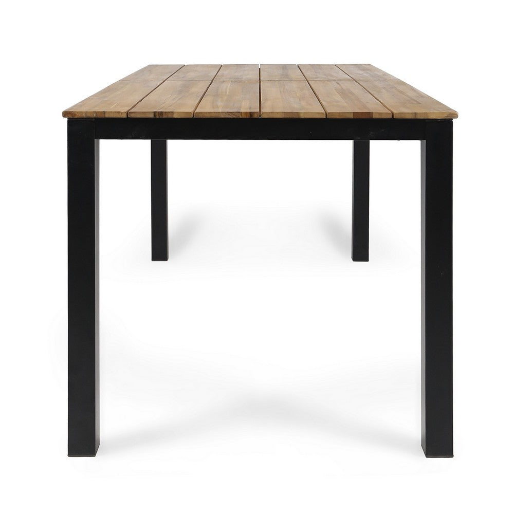 Outdoor Dining Table, Slatted Rectangular Top, Black Iron, Brown 71 Inch - BM355229