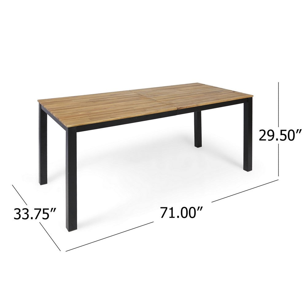 Outdoor Dining Table, Slatted Rectangular Top, Black Iron, Brown 71 Inch - BM355229