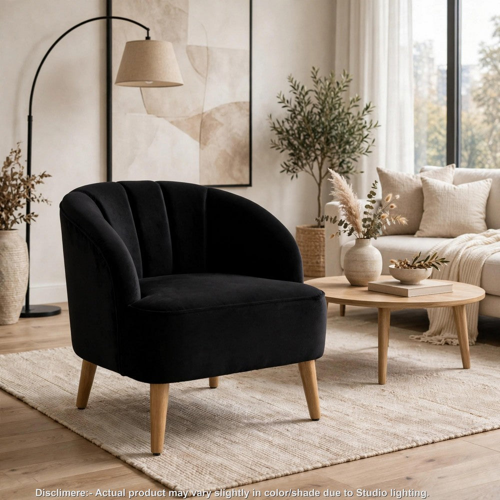 Accent Barrel Chair, Channeled Black Altay Velvet, Walnut Brown Wood Legs - BM355231