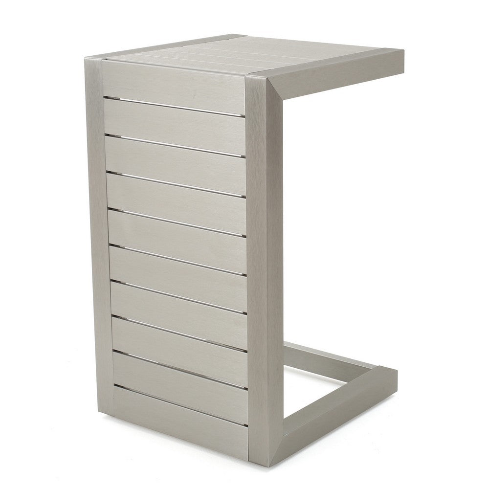Kory Outdoor Side Table, C-Shaped, Slatted Frame, Silver Aluminum 24 Inch - BM355232