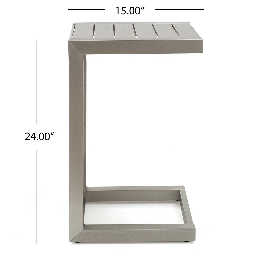 Kory Outdoor Side Table, C-Shaped, Slatted Frame, Silver Aluminum 24 Inch - BM355232