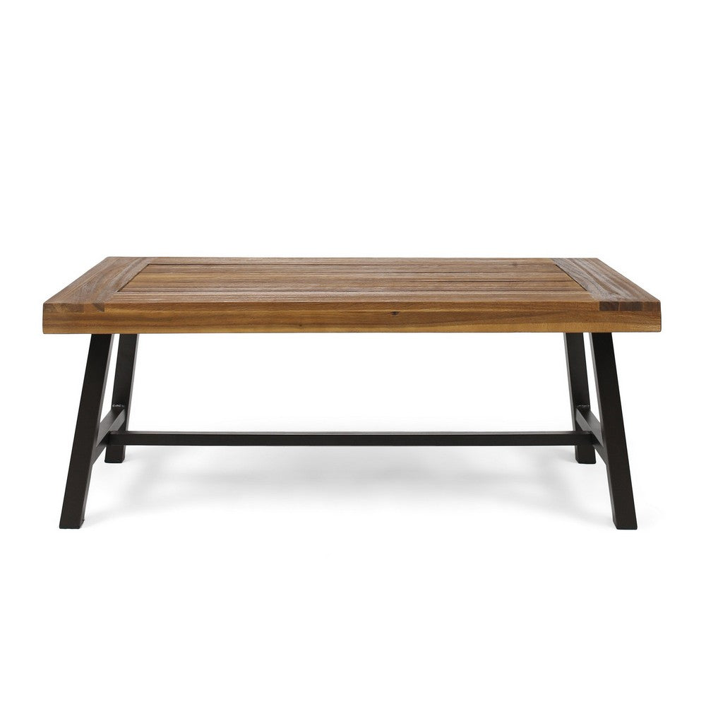 Leslee Outdoor Coffee Table, Slatted Rectangular Top, Black Metal 46 Inch - BM355234