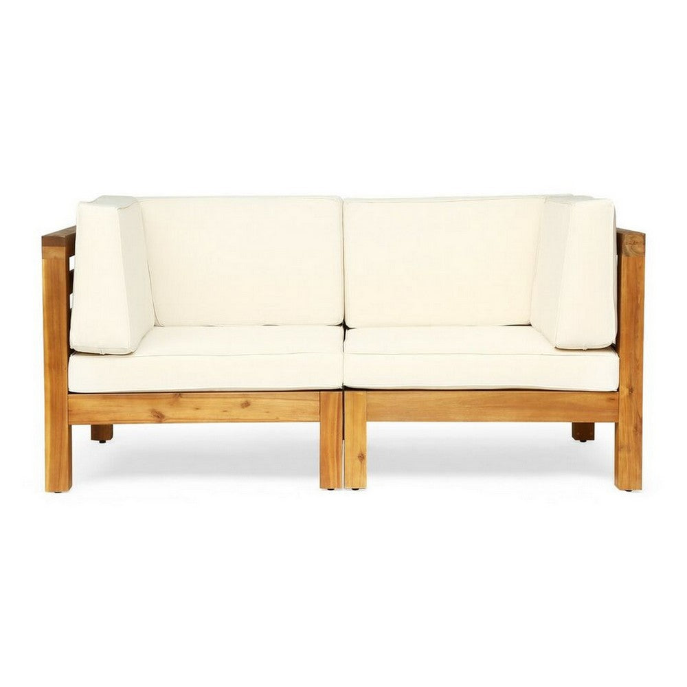 Carie Outdoor 2pc Loveseat Set, Beige Polyester, Slatted Brown Wood - BM355235