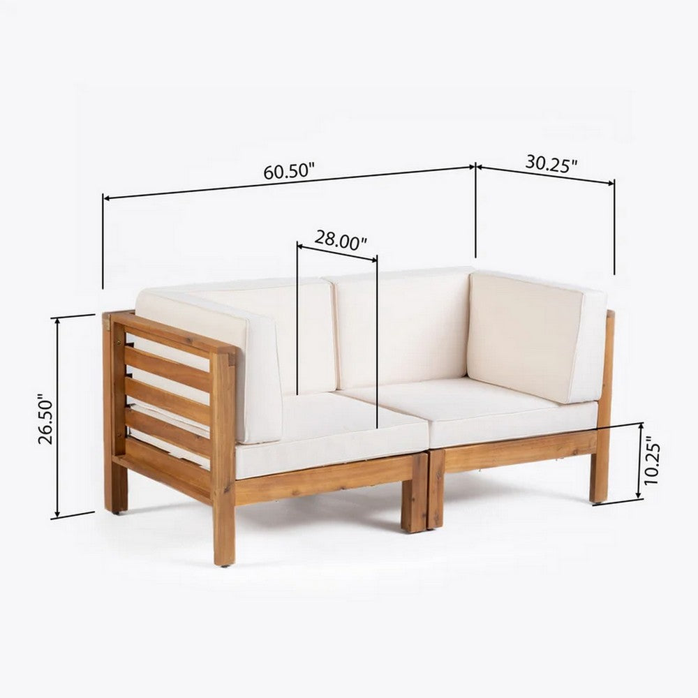 Carie Outdoor 2pc Loveseat Set, Beige Polyester, Slatted Brown Wood - BM355235
