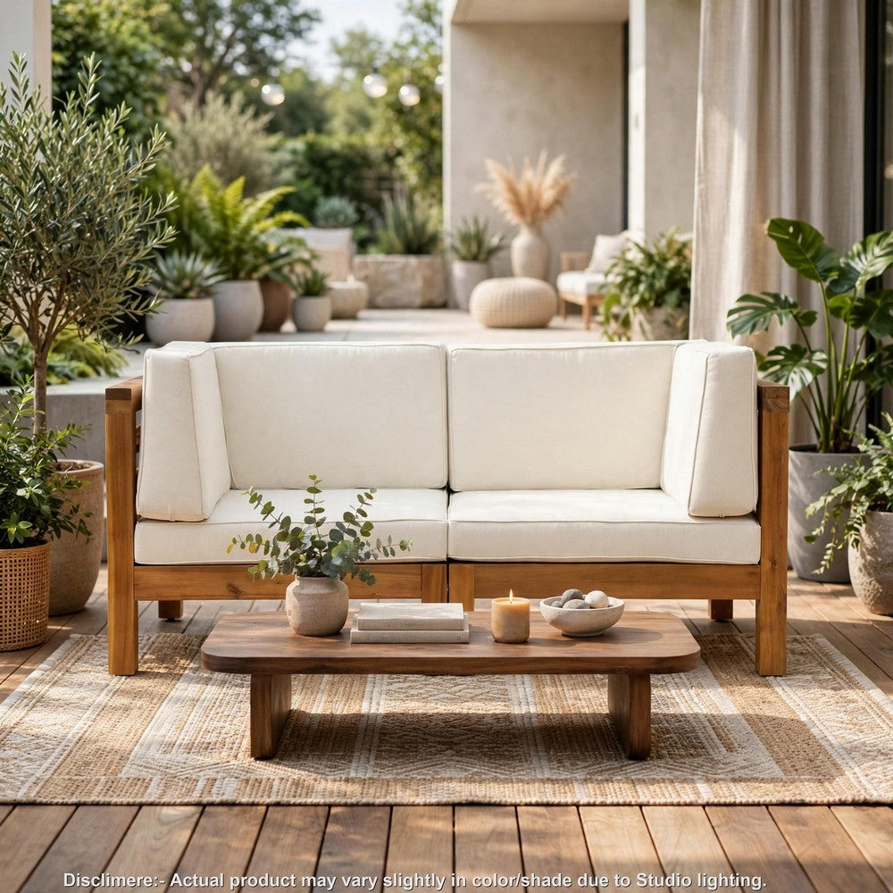 Carie Outdoor 2pc Loveseat Set, Beige Polyester, Slatted Brown Wood - BM355235