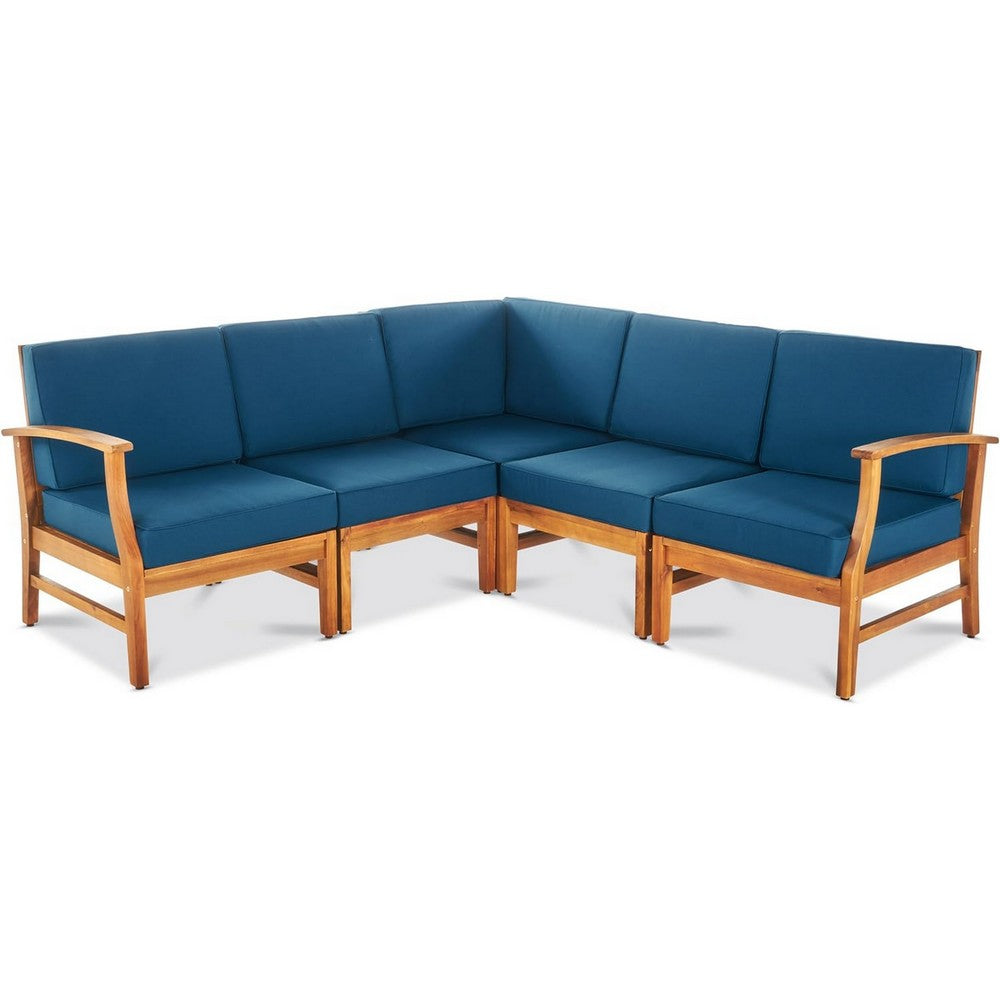 Hoye Outdoor 5pc Modular Corner Sofa Set, L-Shape, Blue Polyester, Brown - BM355236