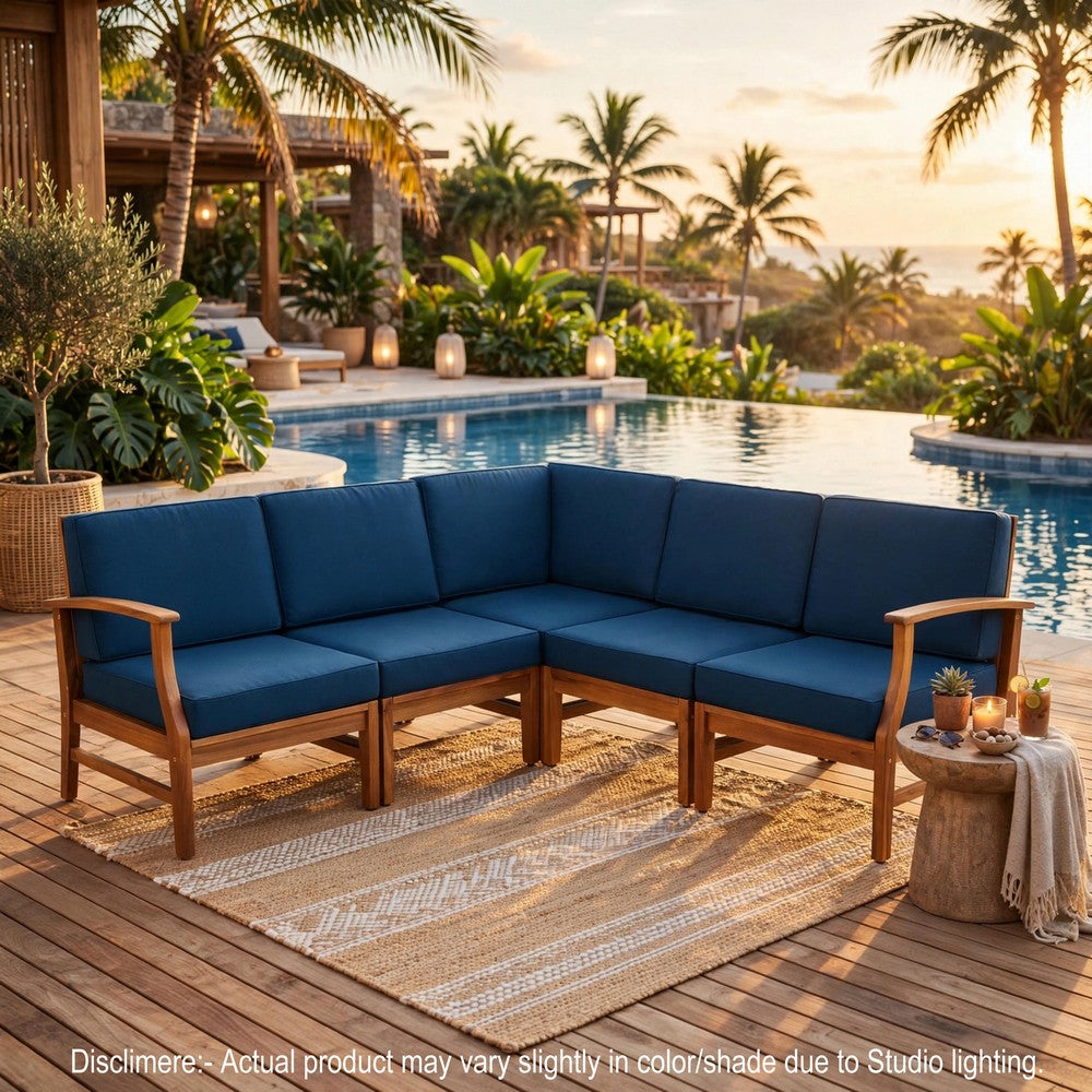 Hoye Outdoor 5pc Modular Corner Sofa Set, L-Shape, Blue Polyester, Brown - BM355236