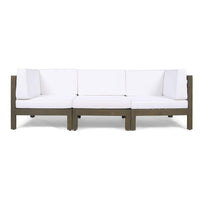 Carie Outdoor 3pc Sofa Set, White Fabric Cushions, Slatted Brown Wood - BM355237