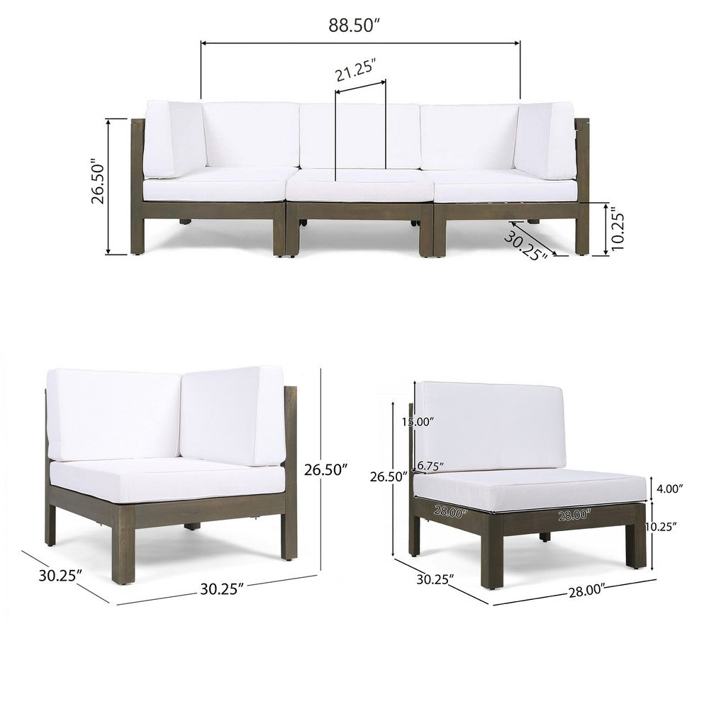 Carie Outdoor 3pc Sofa Set, White Fabric Cushions, Slatted Brown Wood - BM355237