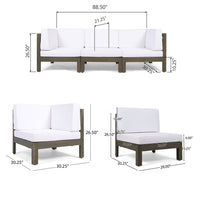 Carie Outdoor 3pc Sofa Set, White Fabric Cushions, Slatted Brown Wood - BM355237