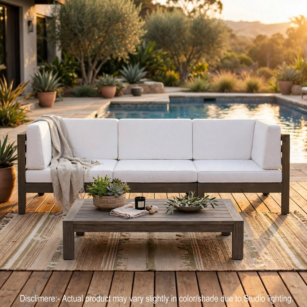 Carie Outdoor 3pc Sofa Set, White Fabric Cushions, Slatted Brown Wood - BM355237