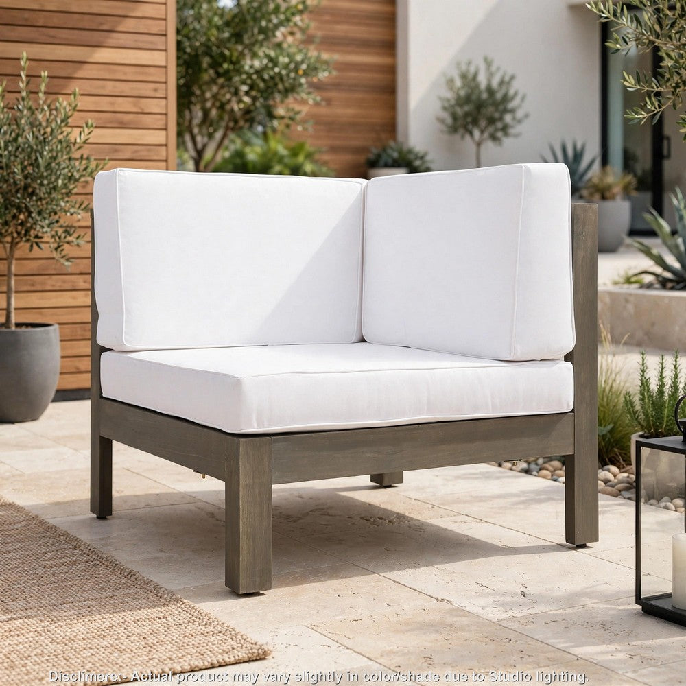 Carie Outdoor Right Arm Chair, White Cushions, Slatted Gray Wood - BM355241
