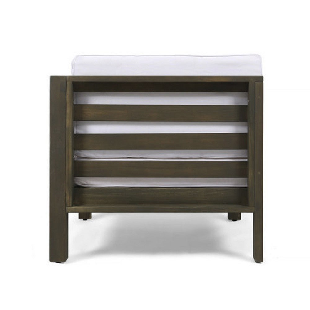 Carie Outdoor Left Arm Chair, White Fabric Cushions, Slatted Gray Wood - BM355243