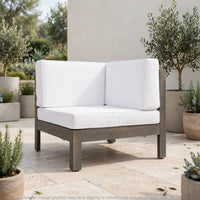 Carie Outdoor Left Arm Chair, White Fabric Cushions, Slatted Gray Wood - BM355243