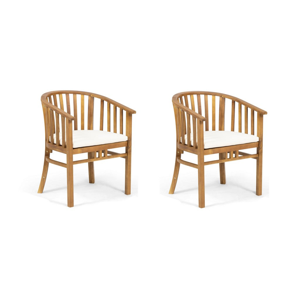 Outdoor Dining Chair Set of 2, Curved Back, Cream Polyester, Teak Brown-BM355244