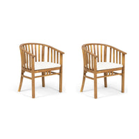Outdoor Dining Chair Set of 2, Curved Back, Cream Polyester, Teak Brown-BM355244