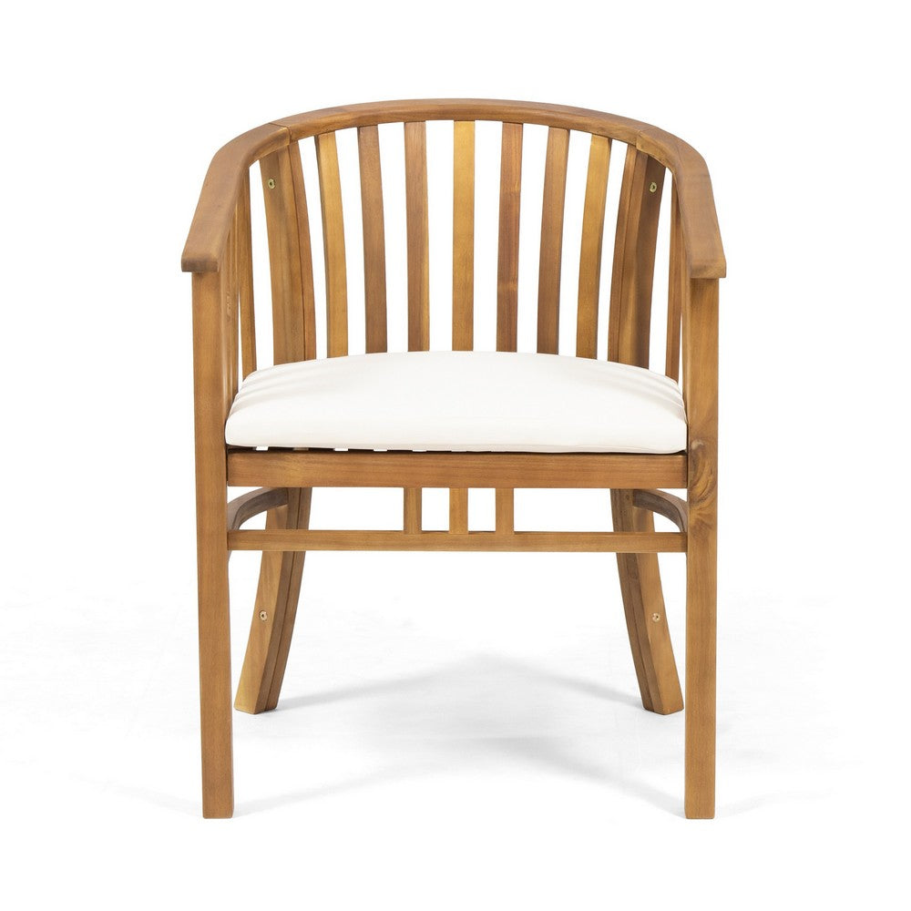 Outdoor Dining Chair Set of 2, Curved Back, Cream Polyester, Teak Brown-BM355244