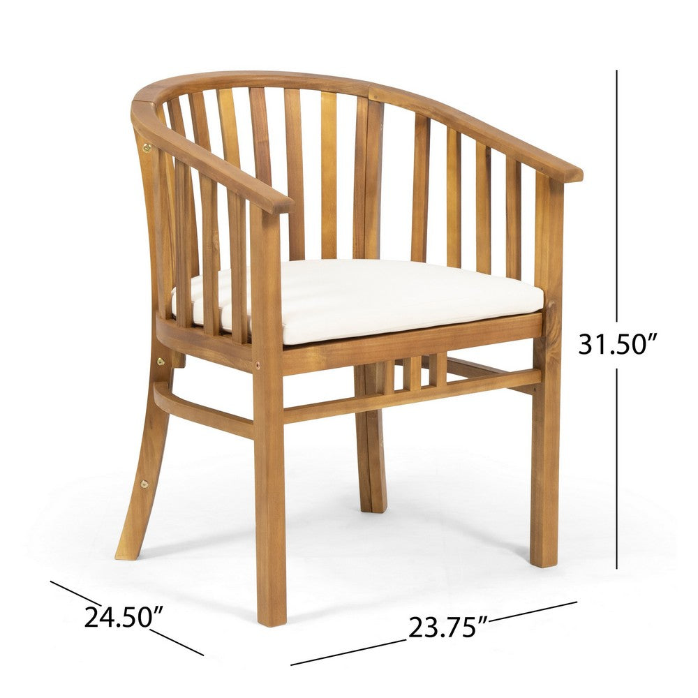 Outdoor Dining Chair Set of 2, Curved Back, Cream Polyester, Teak Brown-BM355244