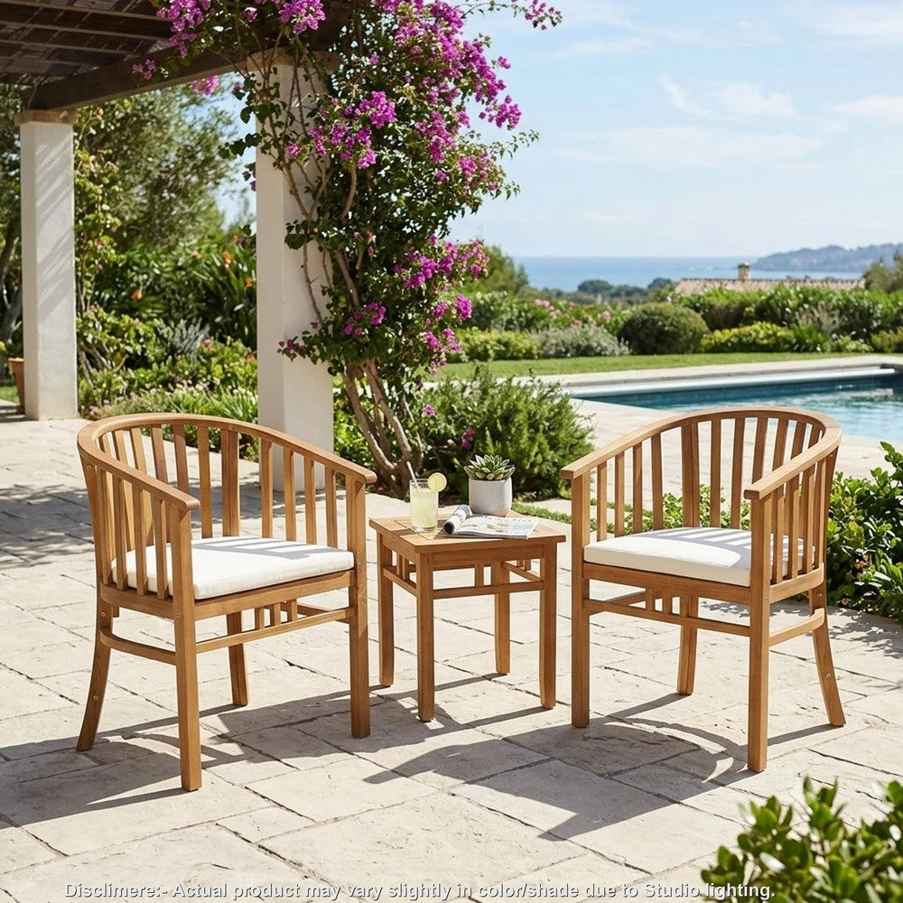 Outdoor Dining Chair Set of 2, Curved Back, Cream Polyester, Teak Brown-BM355244