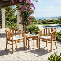 Outdoor Dining Chair Set of 2, Curved Back, Cream Polyester, Teak Brown-BM355244