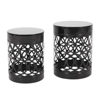Reeta Outdoor End Table Set of 2, Cylindrical, Laser Cut, Black Iron-BM355247