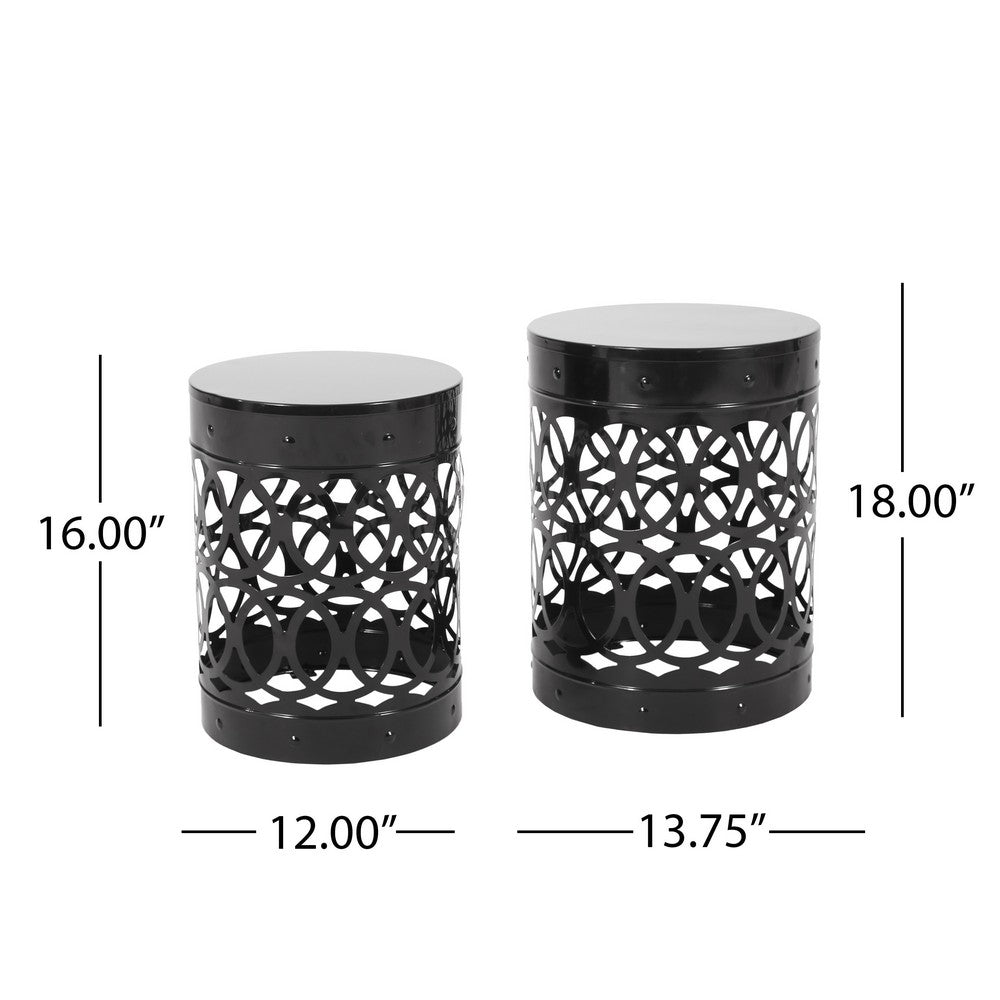 Reeta Outdoor End Table Set of 2, Cylindrical, Laser Cut, Black Iron-BM355247