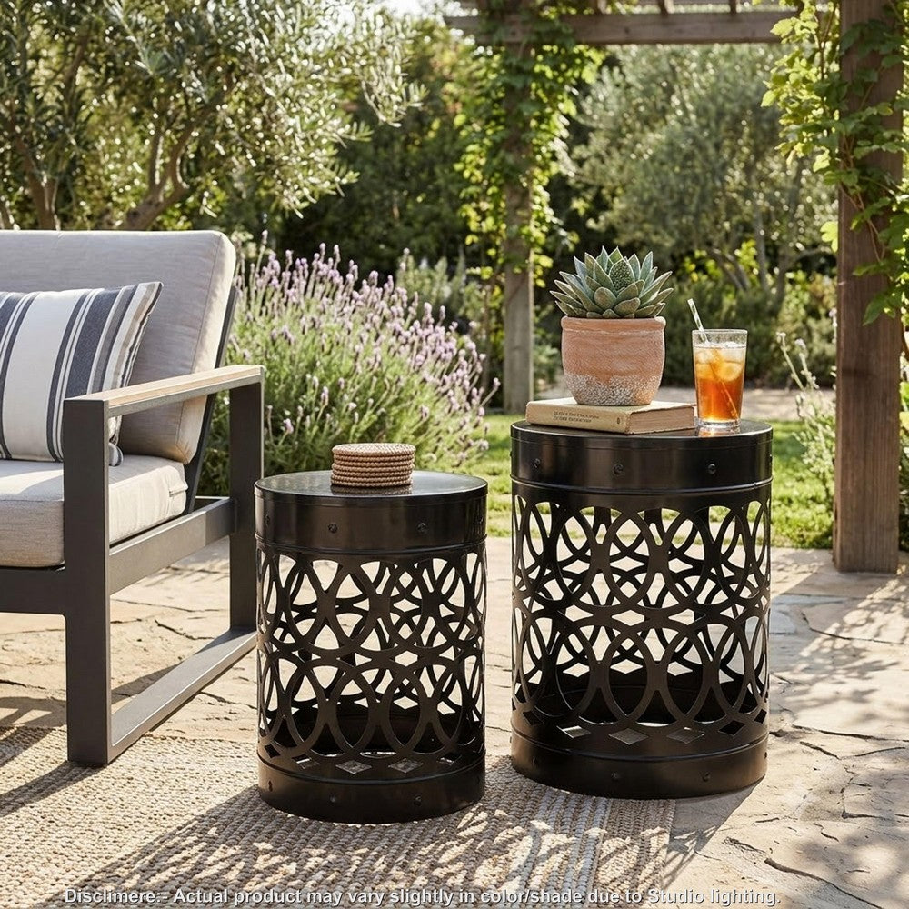 Reeta Outdoor End Table Set of 2, Cylindrical, Laser Cut, Black Iron-BM355247
