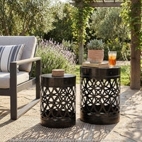 Reeta Outdoor End Table Set of 2, Cylindrical, Laser Cut, Black Iron-BM355247