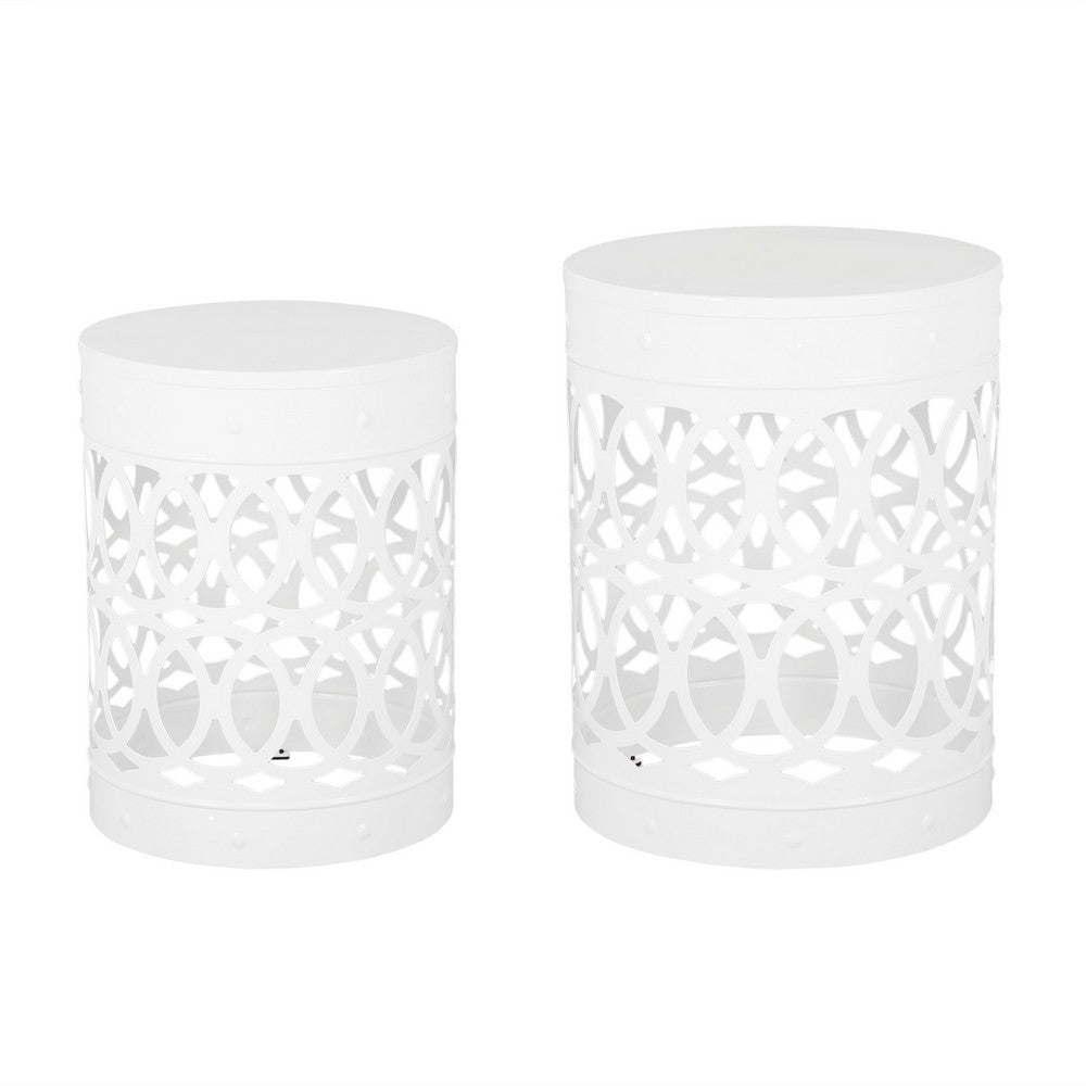 Reeta Outdoor End Table Set of 2, Cylindrical, Laser Cut, White Iron-BM355250