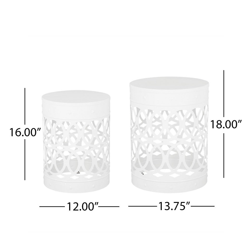 Reeta Outdoor End Table Set of 2, Cylindrical, Laser Cut, White Iron-BM355250