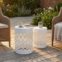 Reeta Outdoor End Table Set of 2, Cylindrical, Laser Cut, White Iron-BM355250