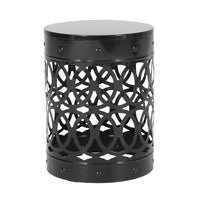Outdoor End Table, Geometric Cutouts, Round Top, Black Iron, 18 Inch -BM355254