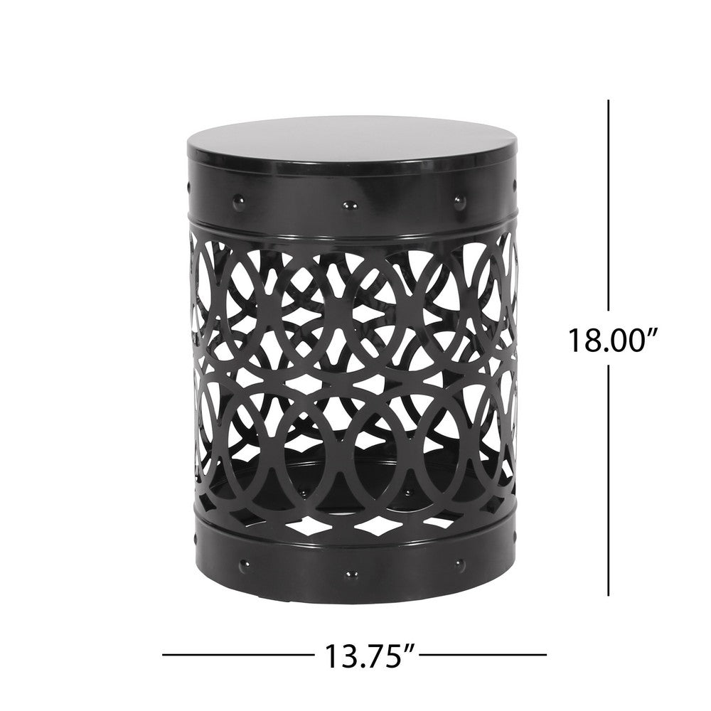 Outdoor End Table, Geometric Cutouts, Round Top, Black Iron, 18 Inch -BM355254