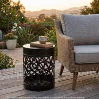 Outdoor End Table, Geometric Cutouts, Round Top, Black Iron, 18 Inch -BM355254