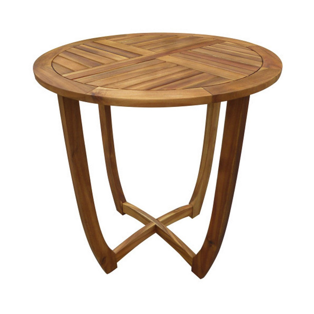 Outdoor Round Accent Table, Slatted Top, Cross Base, Teak Finish 30 Inch - BM355256
