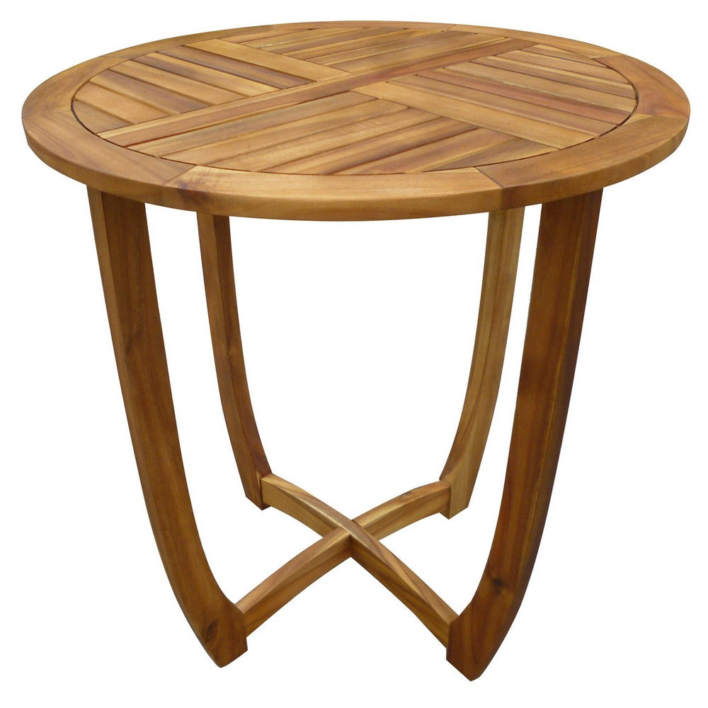 Outdoor Round Accent Table, Slatted Top, Cross Base, Teak Finish 30 Inch - BM355256