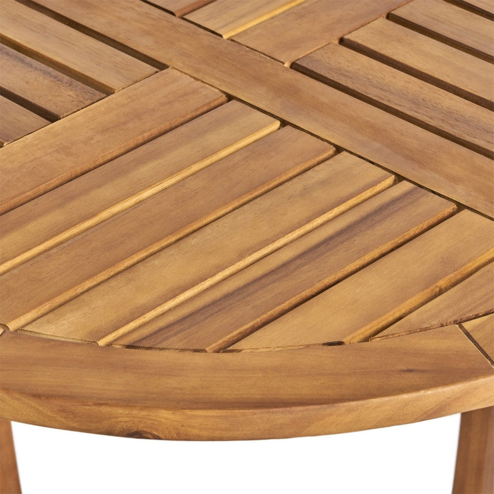 Outdoor Round Accent Table, Slatted Top, Cross Base, Teak Finish 30 Inch - BM355256