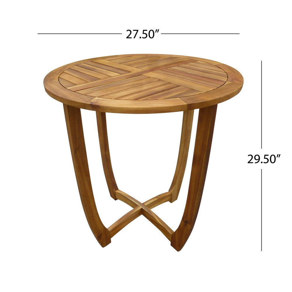 Outdoor Round Accent Table, Slatted Top, Cross Base, Teak Finish 30 Inch - BM355256