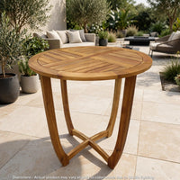 Outdoor Round Accent Table, Slatted Top, Cross Base, Teak Finish 30 Inch - BM355256
