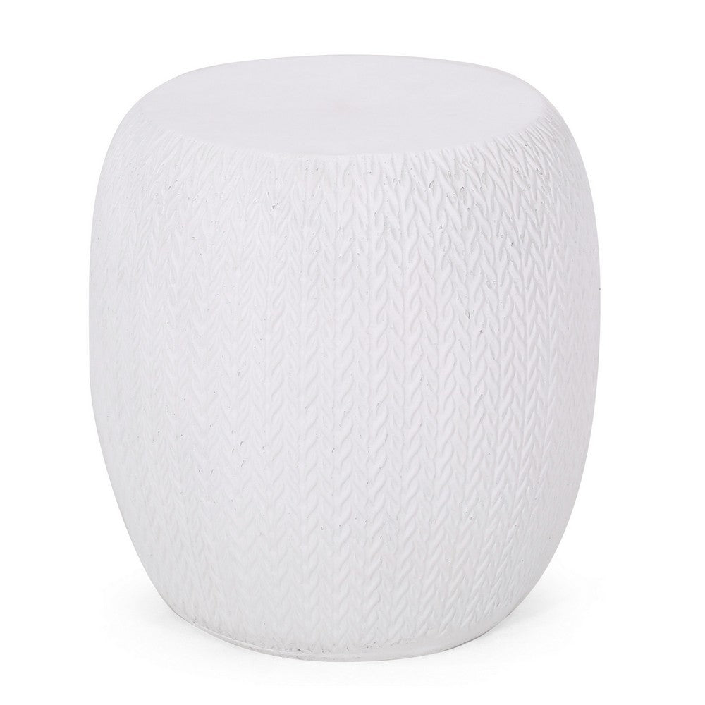 Outdoor Side End Table, Antique White Concrete, Braided Pattern, 16 Inch - BM355259