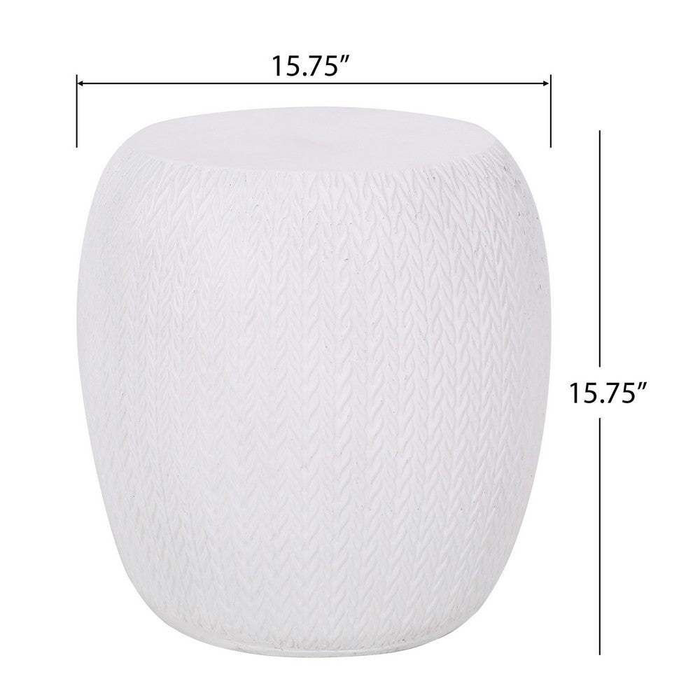 Outdoor Side End Table, Antique White Concrete, Braided Pattern, 16 Inch - BM355259