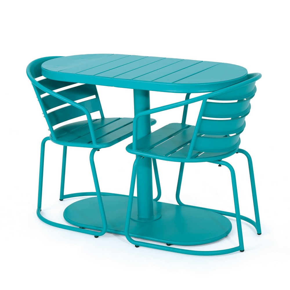 Monalisa 3pc Outdoor Bistro Table Set, Slatted Curved Back Chairs, Teal - BM355262