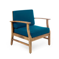 Hoye Outdoor Club Chair, Blue Cushions, Brown Acacia Wood  - BM355266