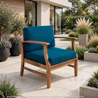 Hoye Outdoor Club Chair, Blue Cushions, Brown Acacia Wood  - BM355266