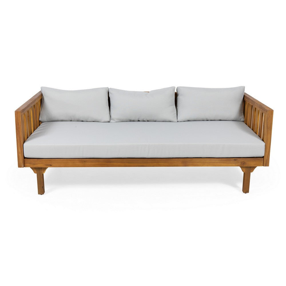 Clara Outdoor 3 Seater Daybed, Water Resistant Gray Cushions, Teak, 68 Inch - BM355269