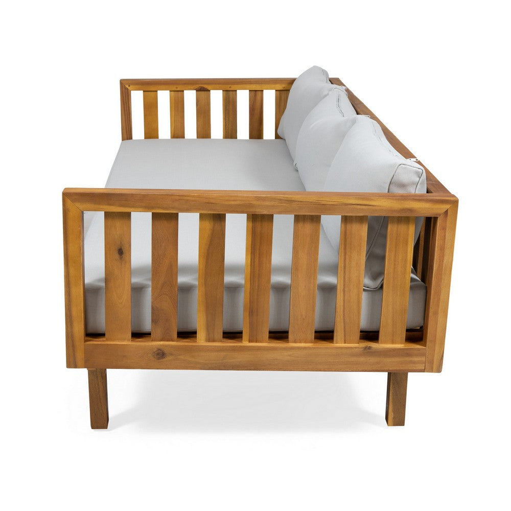 Clara Outdoor 3 Seater Daybed, Water Resistant Gray Cushions, Teak, 68 Inch - BM355269
