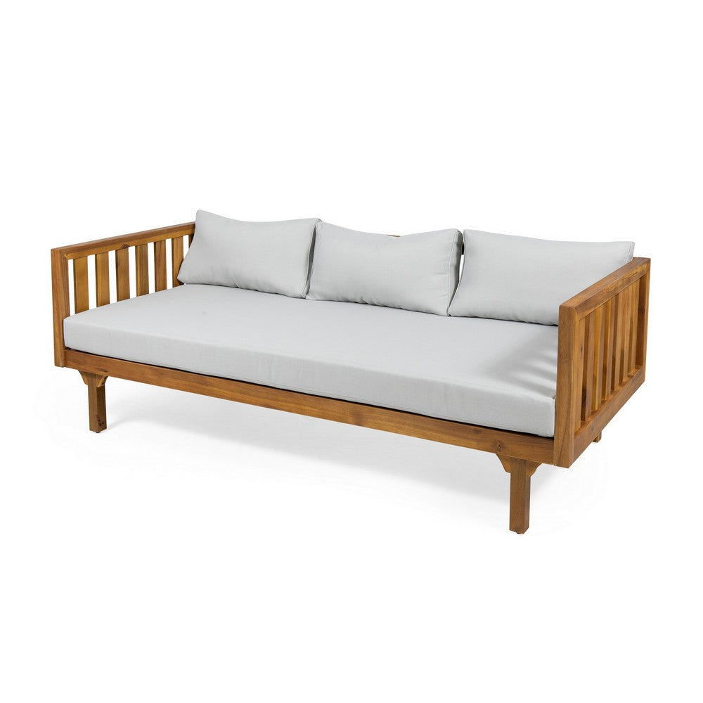 Clara Outdoor 3 Seater Daybed, Water Resistant Gray Cushions, Teak, 68 Inch - BM355269