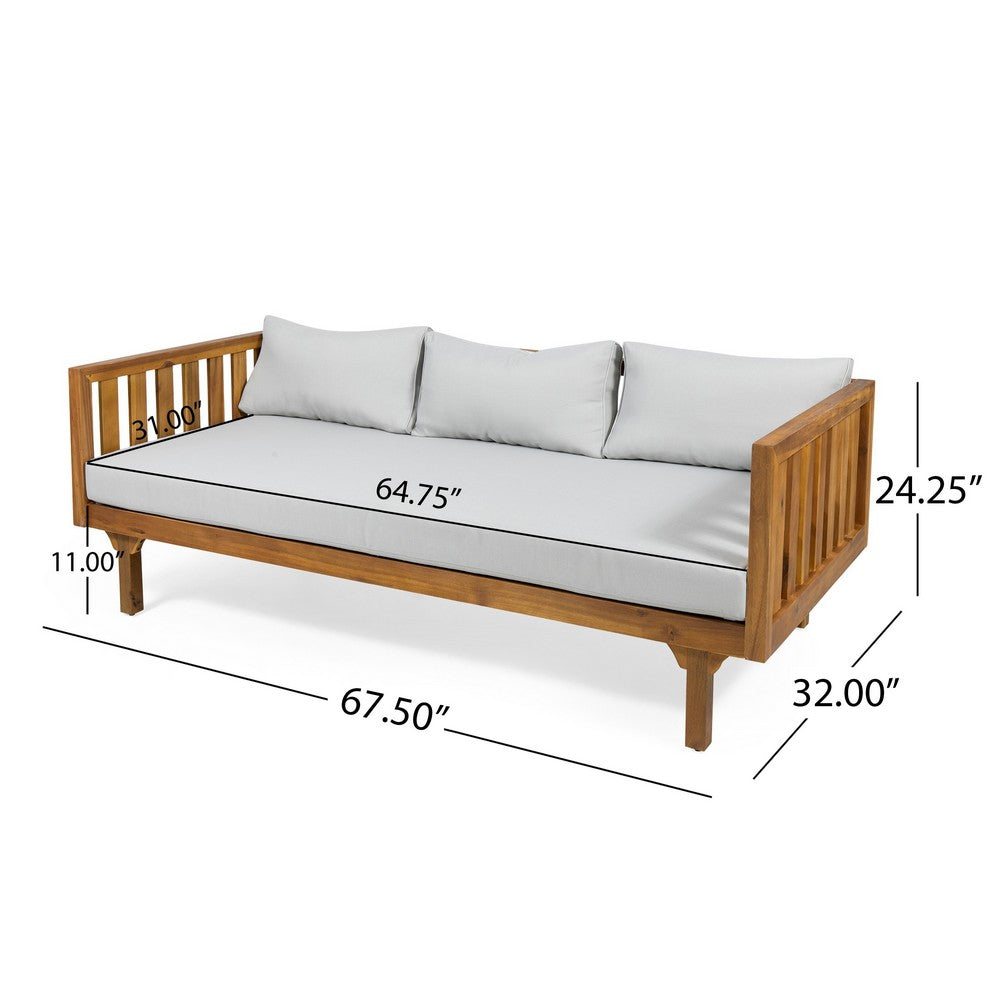 Clara Outdoor 3 Seater Daybed, Water Resistant Gray Cushions, Teak, 68 Inch - BM355269