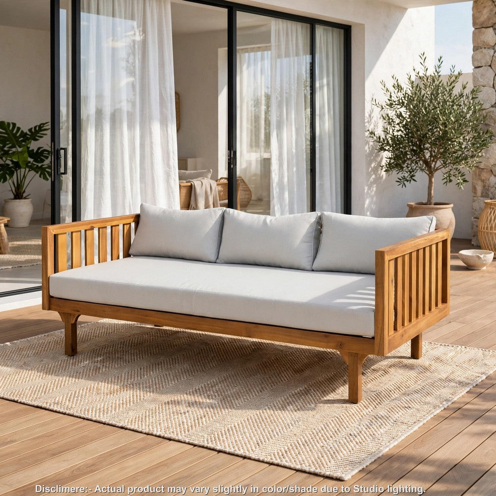 Clara Outdoor 3 Seater Daybed, Water Resistant Gray Cushions, Teak, 68 Inch - BM355269