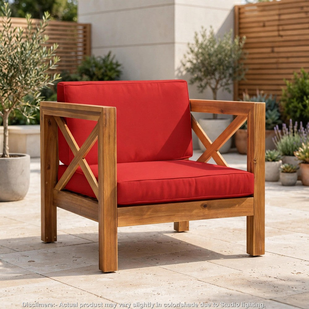 Juna Outdoor Club Chair, Water Resistant Red Cushions, Teak Finish - BM355270